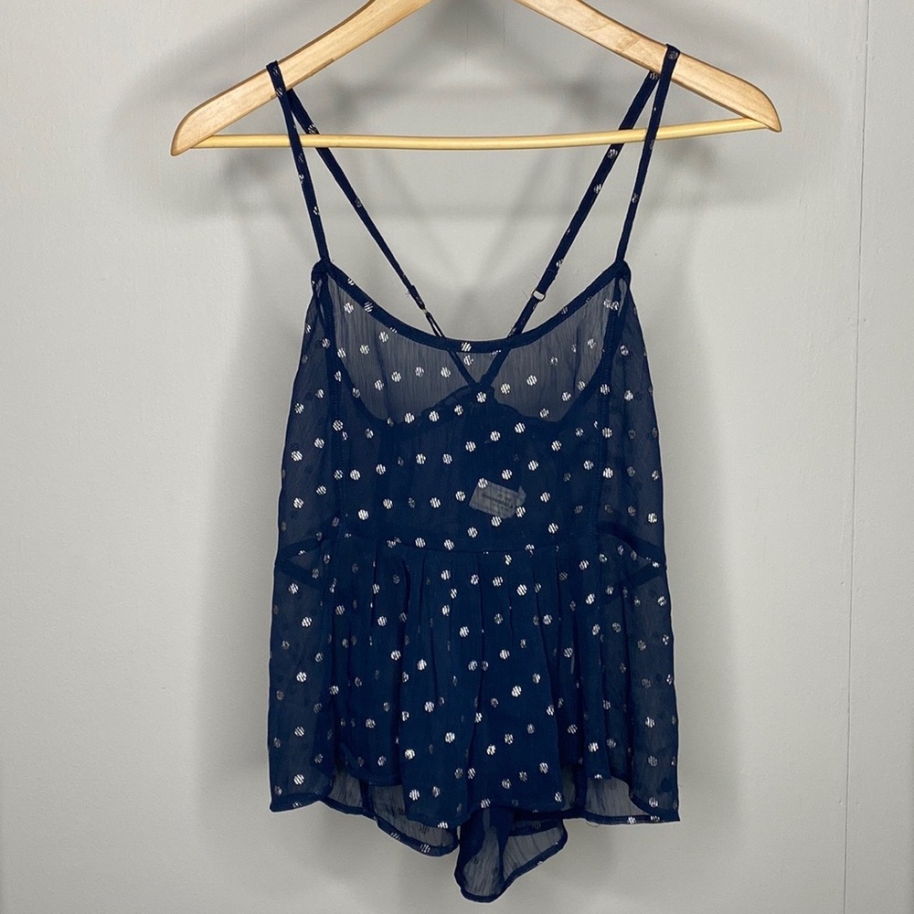A&F Sheer Navy Cropped Peplum Cami with Silver Polka Dots